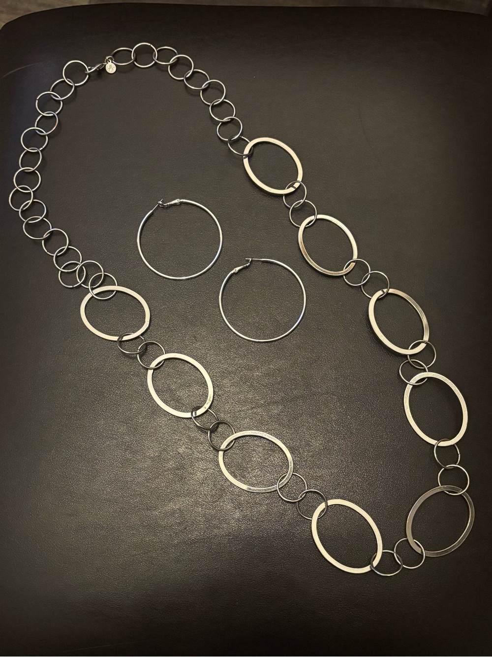 Long Open Circle Necklace with Matching Hoop Earrings - Silver Tone